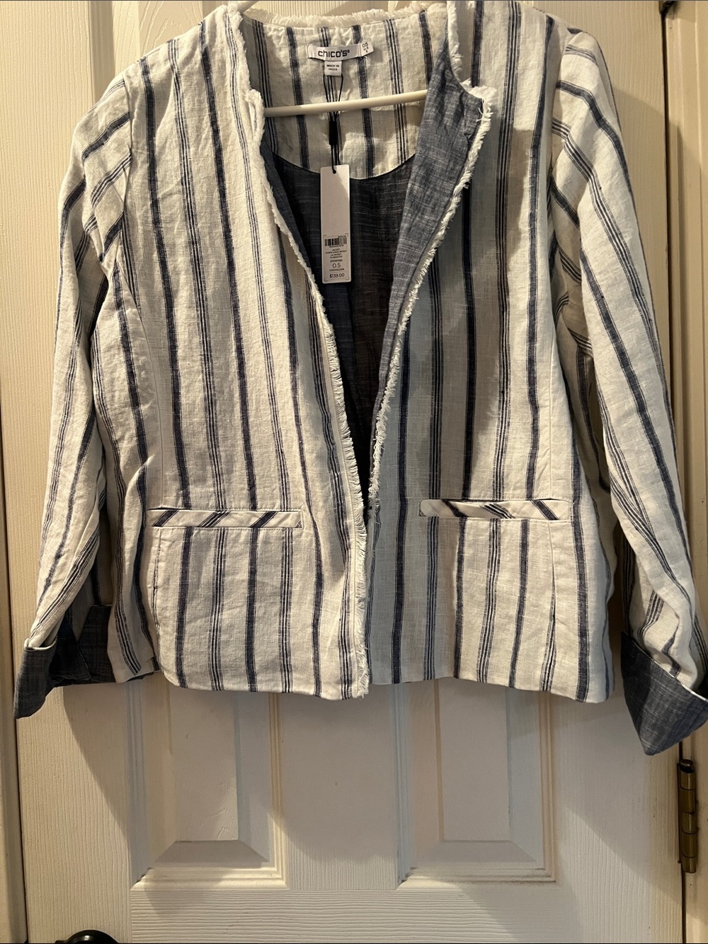 Chico's White and Navy Striped Open-Front Blazer